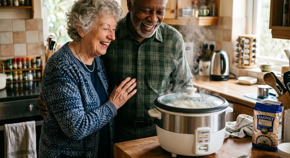 An older couple laughing beside a steaming electric rice cooker, a bag of basmati rice open on the worktop next to it