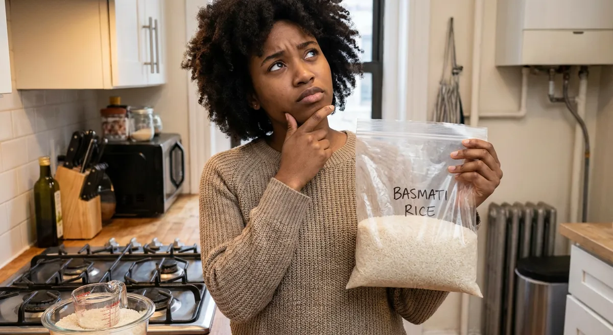 A woman in a kitchen holding up a bag of basmati rice with a doubtful expression, a measuring jug and a bowl of rice waiting by the hob