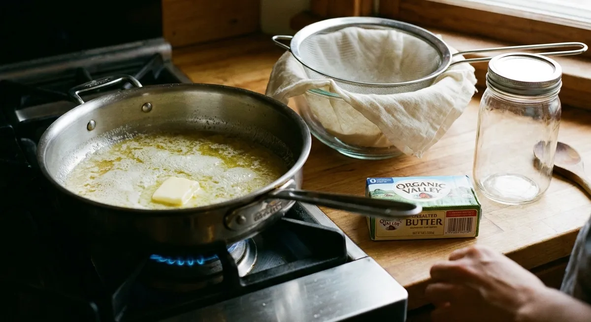 Butter melting and foaming in a steel pan on a gas hob, next to a muslin-lined strainer set over a bowl and an empty jar waiting to be filled