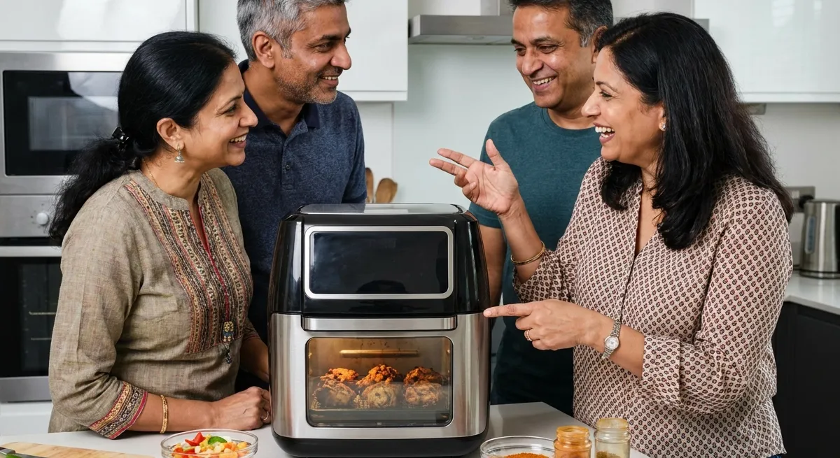 Four people gathered around an air fryer on a kitchen island, marinated pieces browning inside it, with spice jars and chopped vegetables on the counter