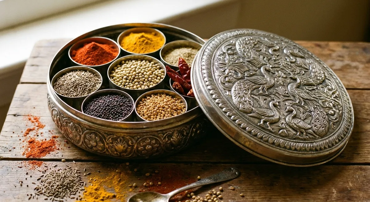 An engraved steel masala dabba open on a wooden table, its katoris holding chilli powder, turmeric, cumin, mustard and coriander, with the lid resting alongside