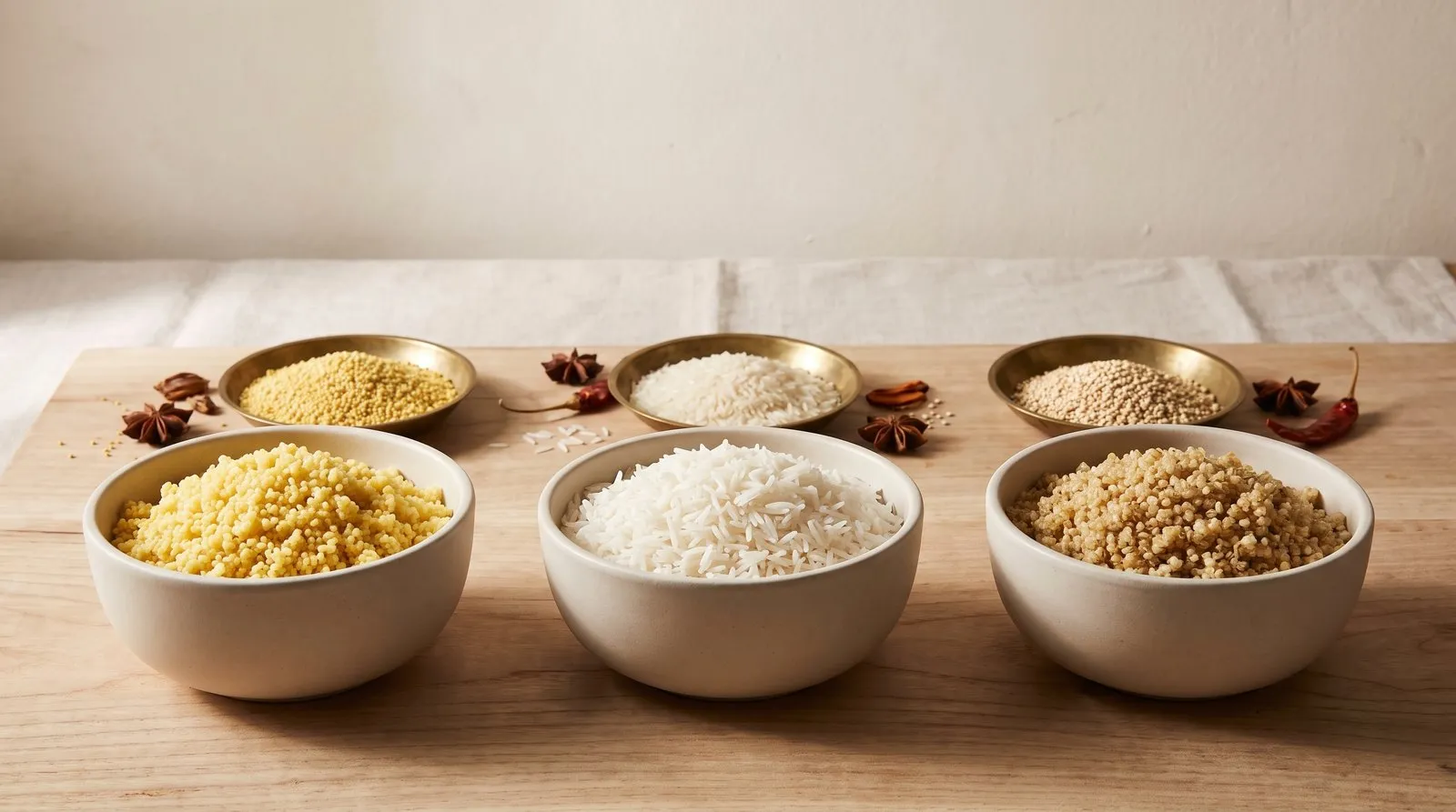 Three bowls side by side: cooked foxtail millet, white basmati rice and quinoa, each with a brass dish of the uncooked grain behind it