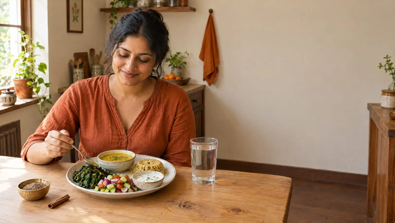 A smiling woman at her kitchen table eating a balanced lunch: dal, spinach, kachumber salad, a small mound of millet and a bowl of raita, with a glass of water