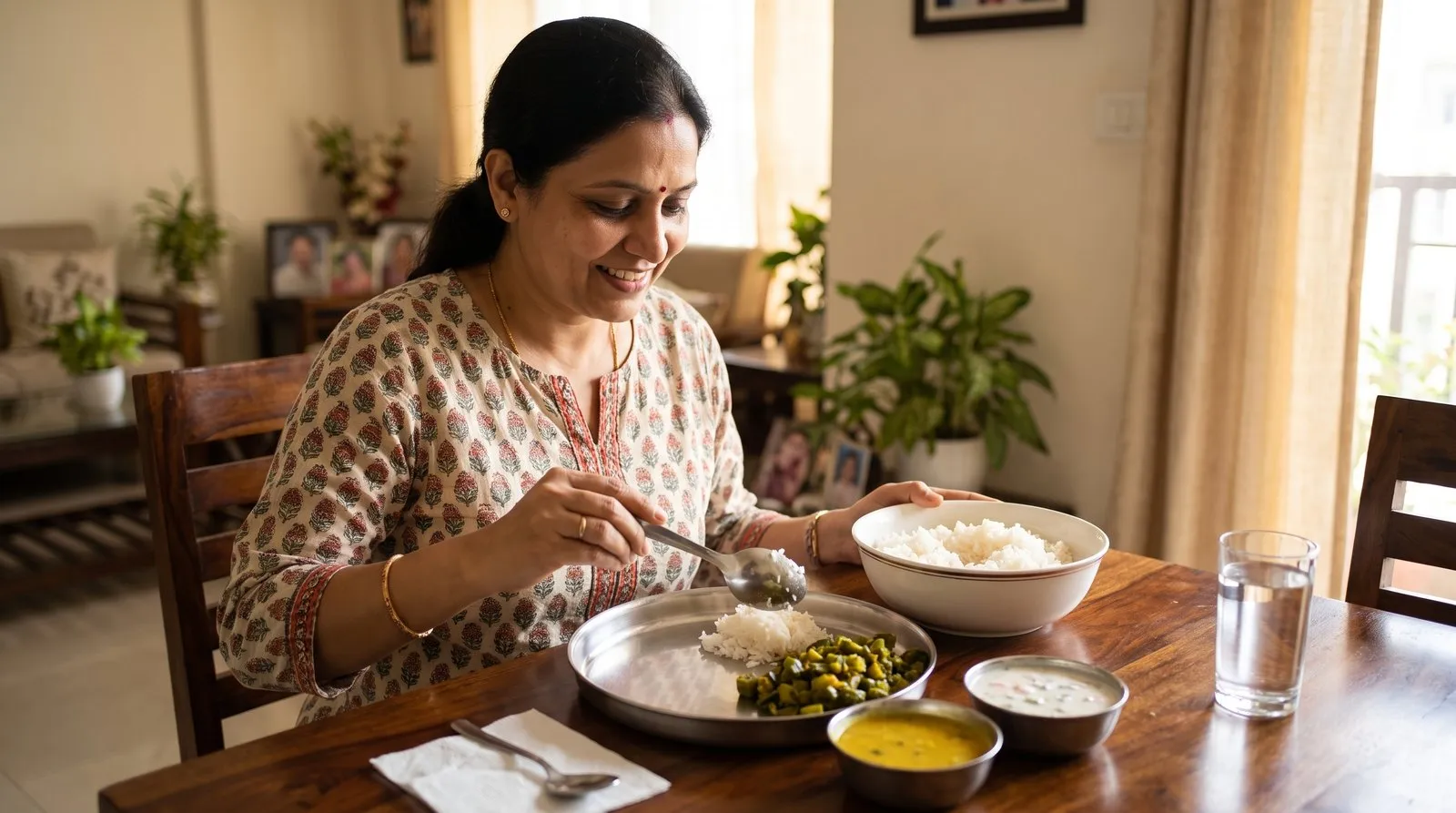 A smiling woman at her dining table serving herself a small portion of rice beside vegetables, with bowls of dal and raita and a glass of water