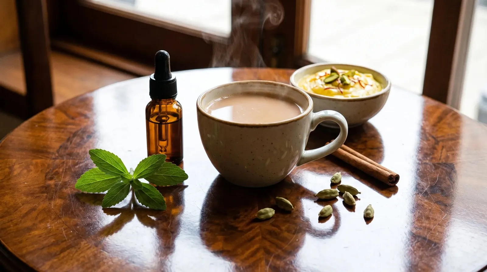 A cup of masala chai on a wooden table beside an unlabelled stevia dropper bottle, fresh stevia leaves, cardamom pods, a cinnamon stick and a bowl of saffron shrikhand