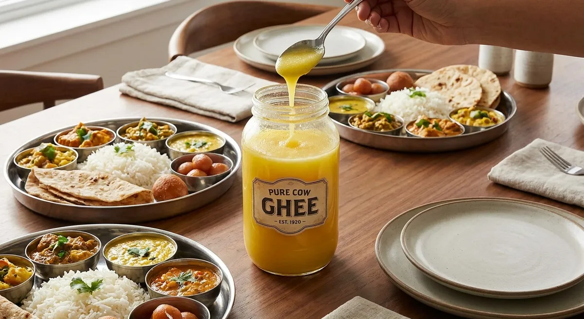 A spoonful of golden ghee lifted from an open jar on a dining table, surrounded by thali plates of dal, rice, roti and gulab jamun