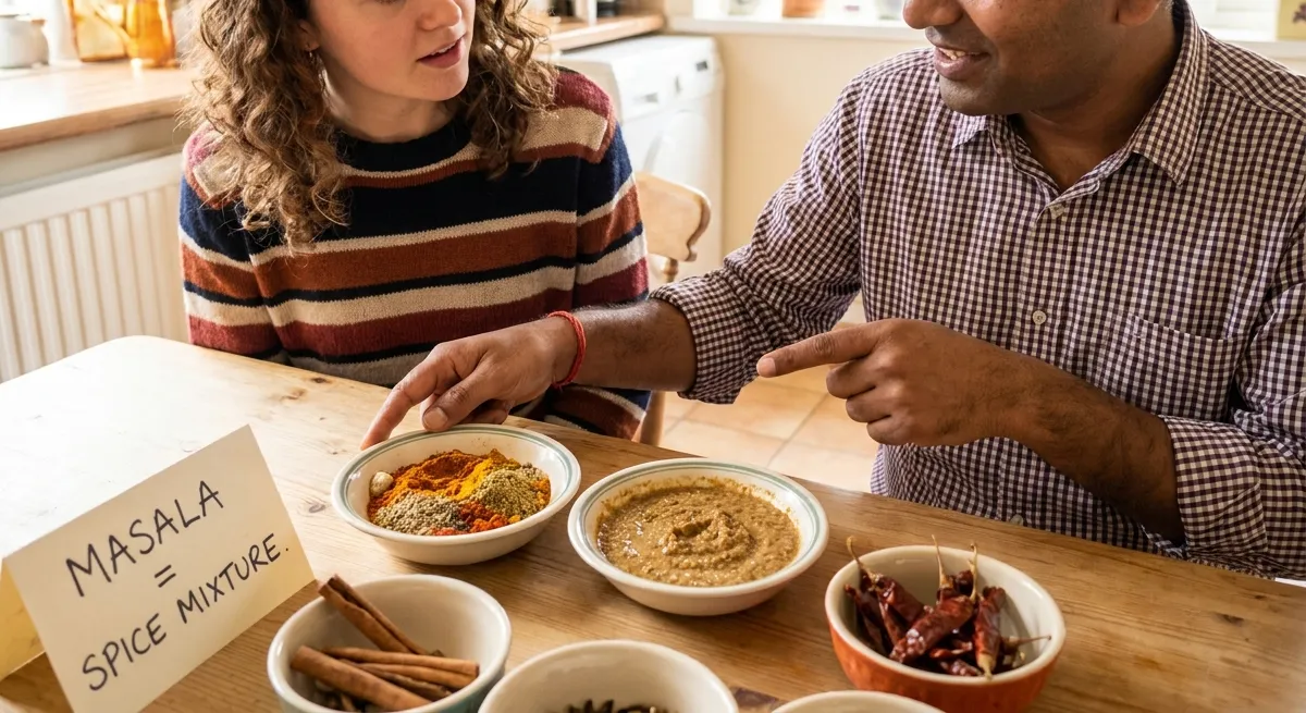 Two people at a kitchen table comparing a bowl of dry ground spice blend with a bowl of wet ground masala paste, whole cinnamon and dried chillies beside them