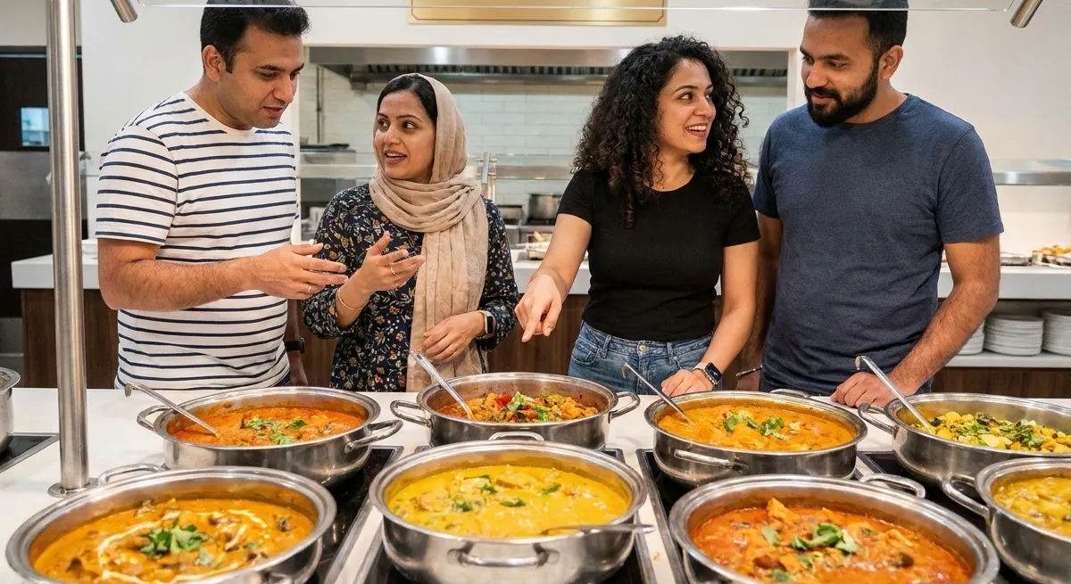 Four people at an Indian restaurant buffet counter, talking as they choose from a long row of steel dishes of different curries