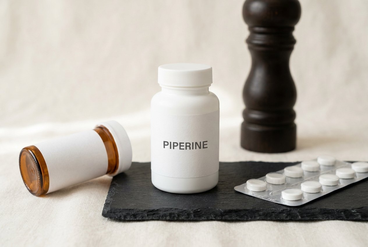 A white supplement bottle labelled PIPERINE beside a tipped-over prescription vial, a blister pack of tablets and a dark wooden pepper grinder
