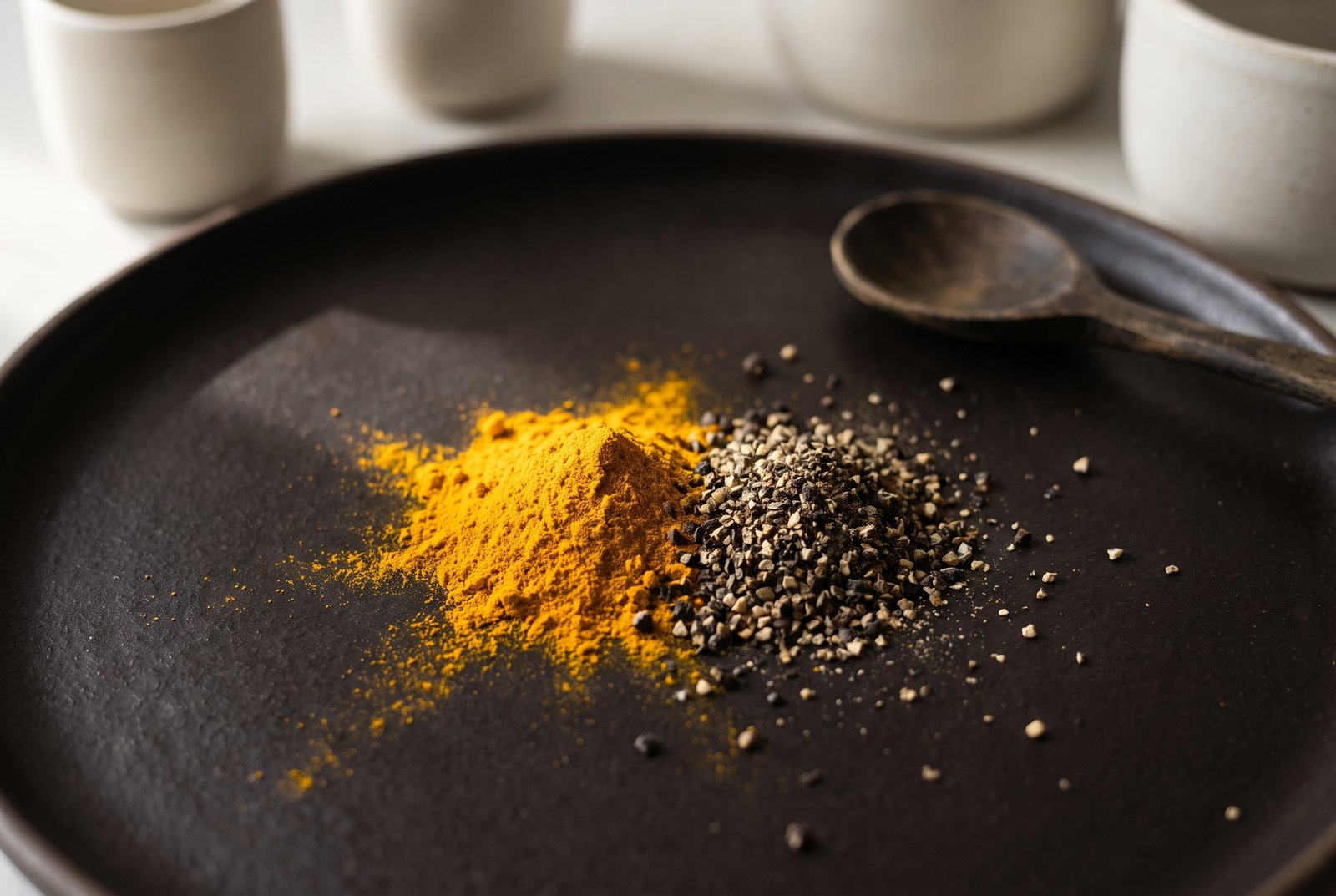 Turmeric powder and cracked black pepper side by side on a dark surface