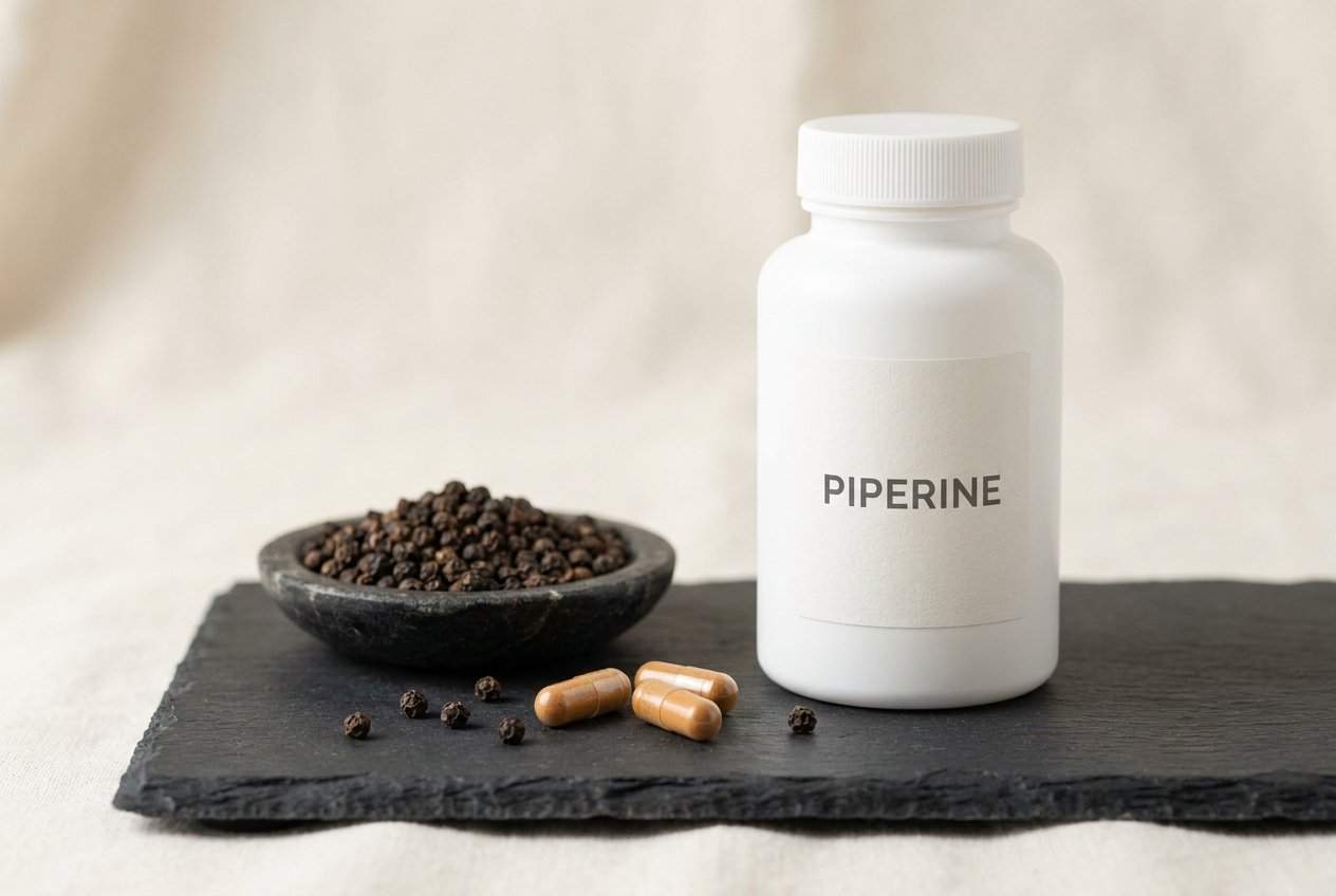 A white supplement bottle labelled PIPERINE beside a dark stone dish of whole black peppercorns, on dark slate
