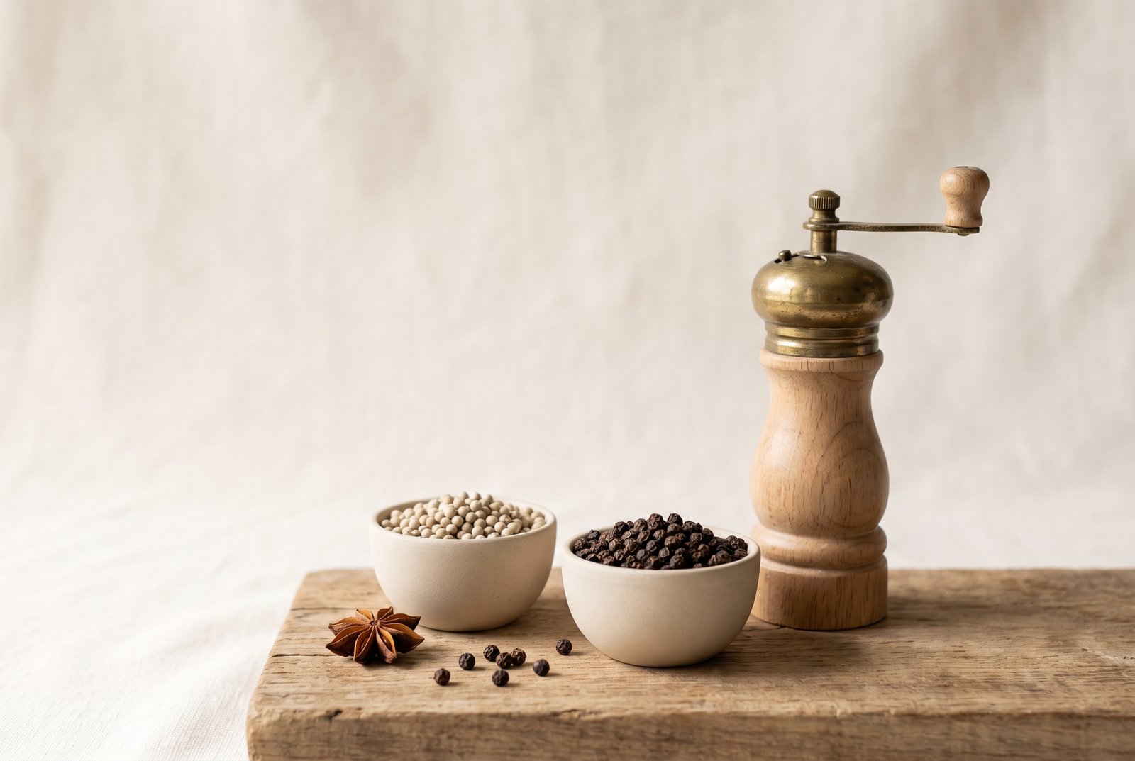 White and black peppercorns in separate small bowls beside a grinder