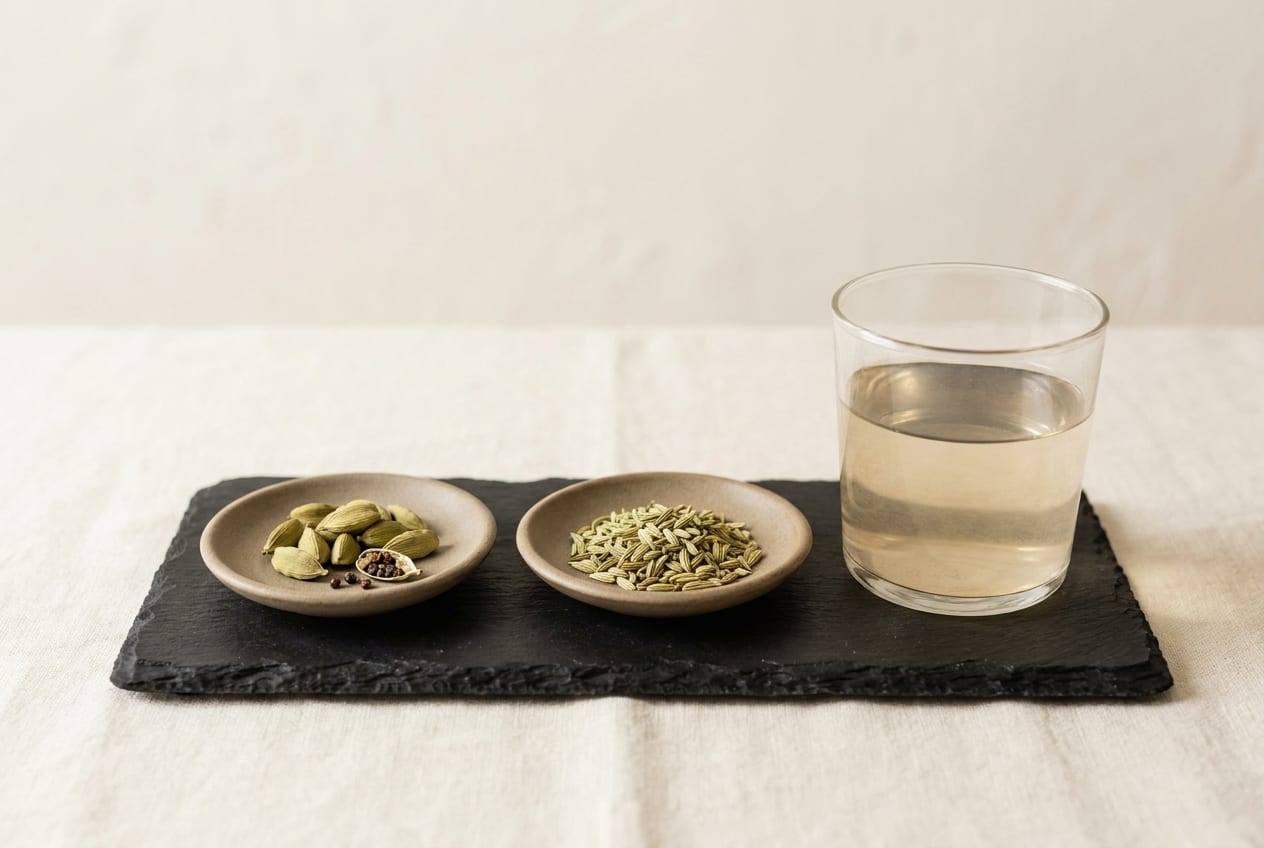 Green cardamom pods and fennel seeds in two small dishes beside a glass of warm water on dark slate