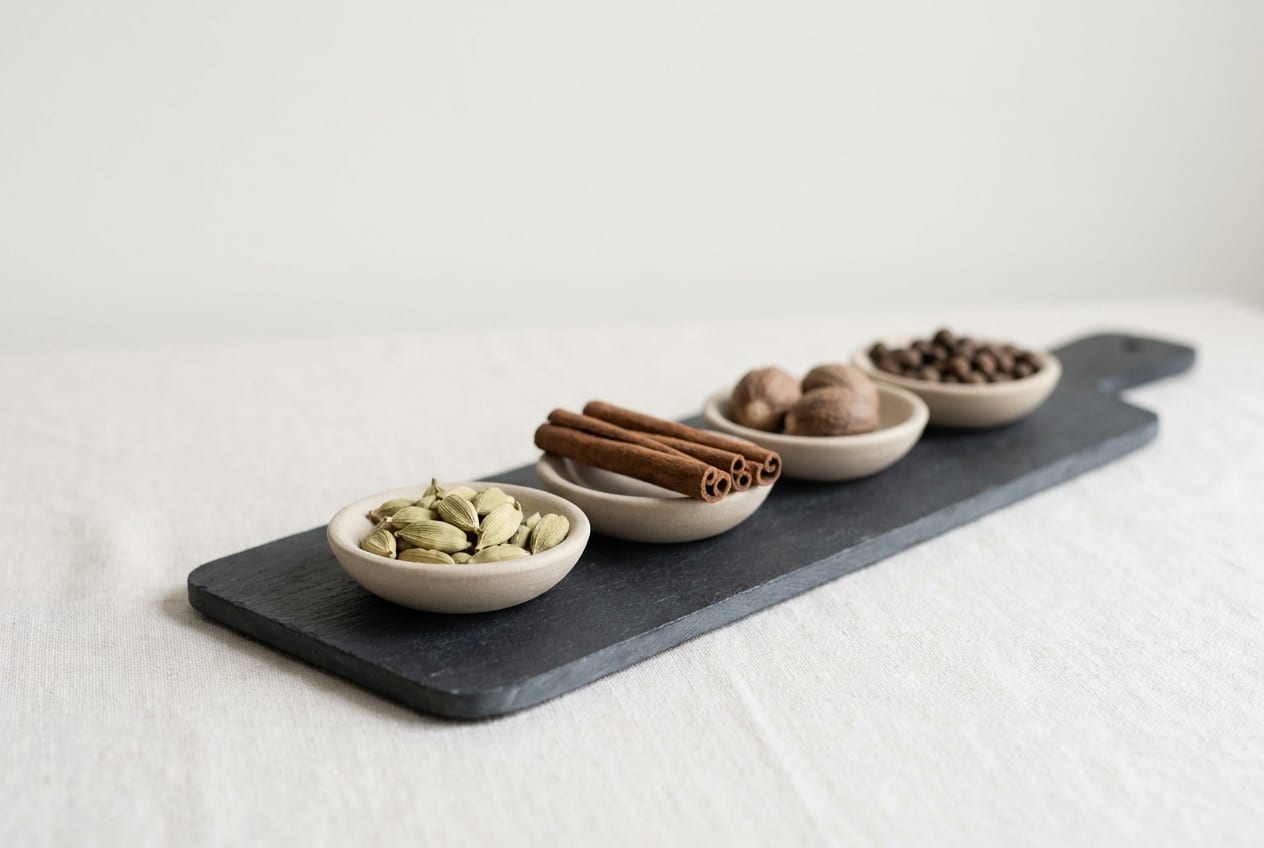 Green cardamom pods in a small dish beside separate dishes of cinnamon bark, nutmeg and allspice berries on dark slate