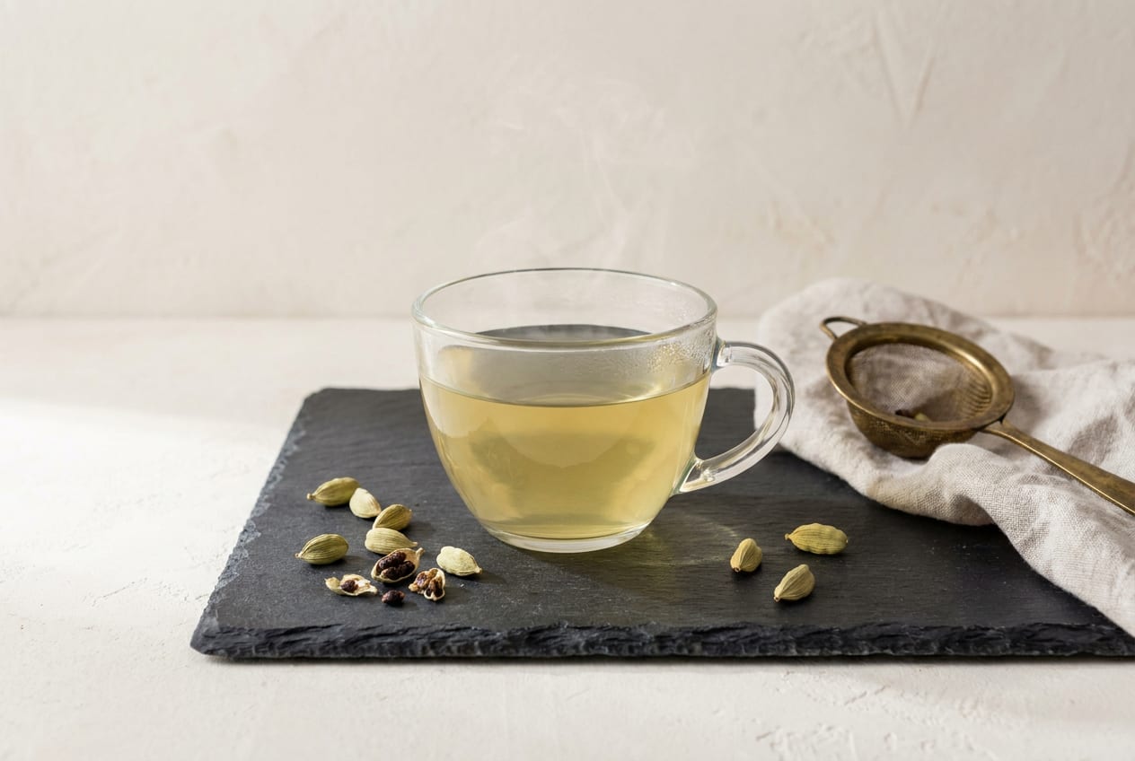 A glass cup of pale golden cardamom tea on dark slate with crushed green cardamom pods scattered beside it