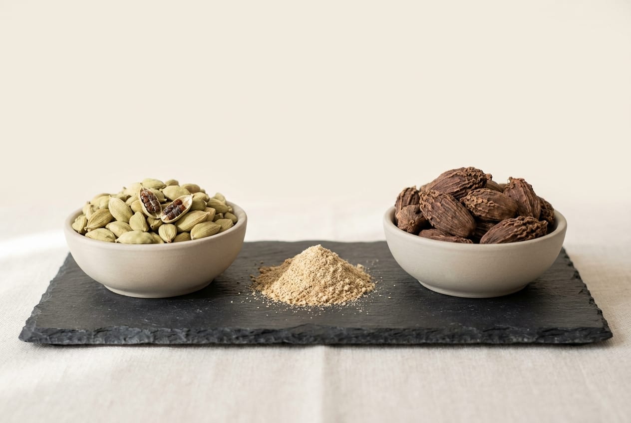 Plump green cardamom pods and large wrinkled black cardamom pods in two separate dishes beside a small pile of ground cardamom on dark slate