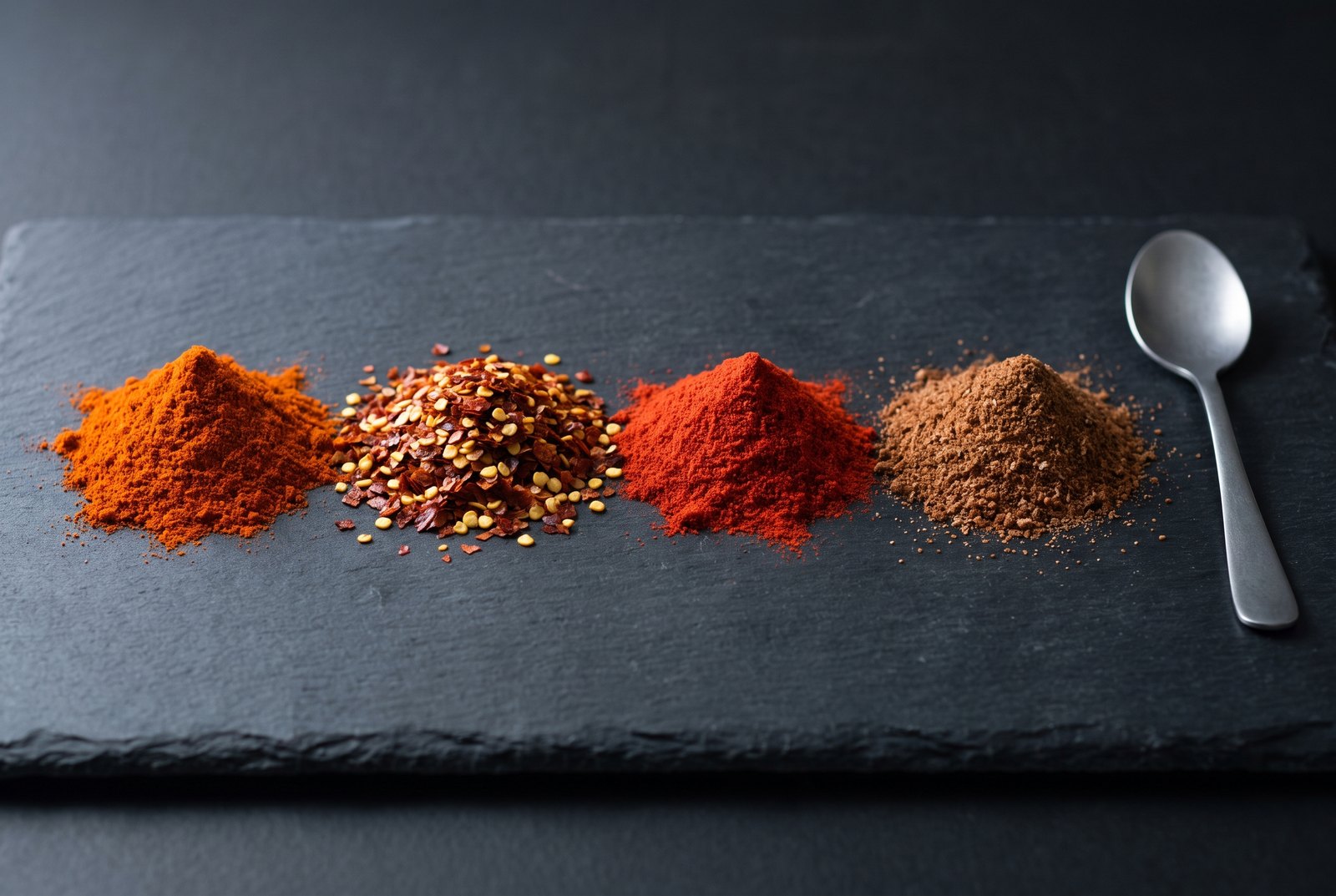 Four heaps of ground spice in a row on dark slate — orange-red cayenne, coarse red pepper flakes with pale seeds, bright red paprika and brown chili powder — beside a plain metal spoon