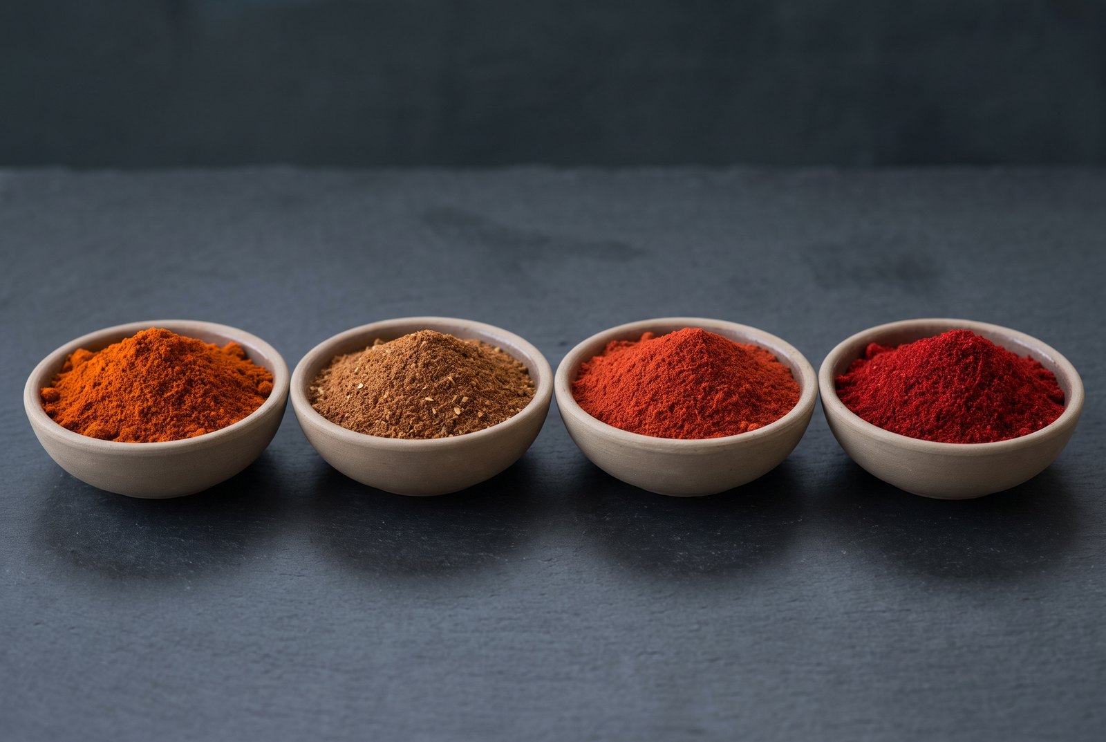 Four matched shallow stoneware dishes in a row on dark slate holding orange-red cayenne, brown chili powder, bright red paprika and deep crimson Kashmiri chilli powder