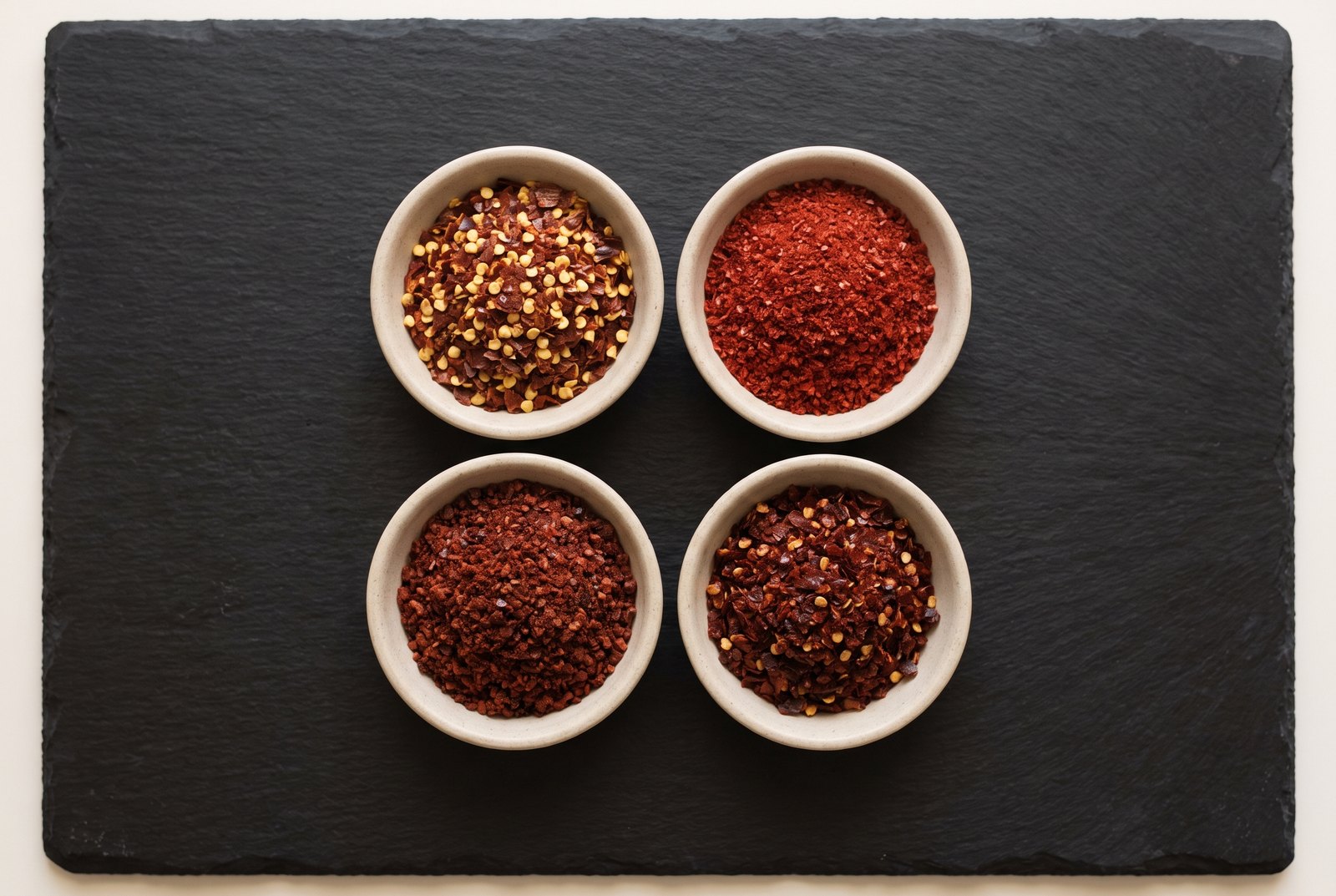 Seen from directly above, four matched dishes of dried chilli flakes in a square on dark charcoal slate — coarse seedy American crushed red pepper, bright soft seedless Korean gochugaru, dark oily Aleppo pepper and deep red coarse Calabrian flakes