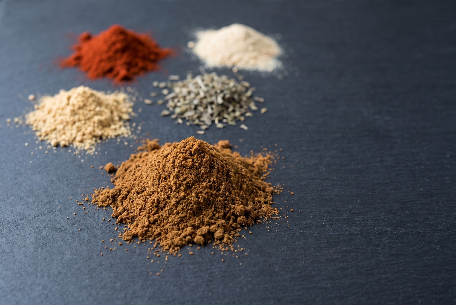 A heap of chili powder beside small separate piles of paprika, ground cumin, dried oregano and garlic powder on dark slate