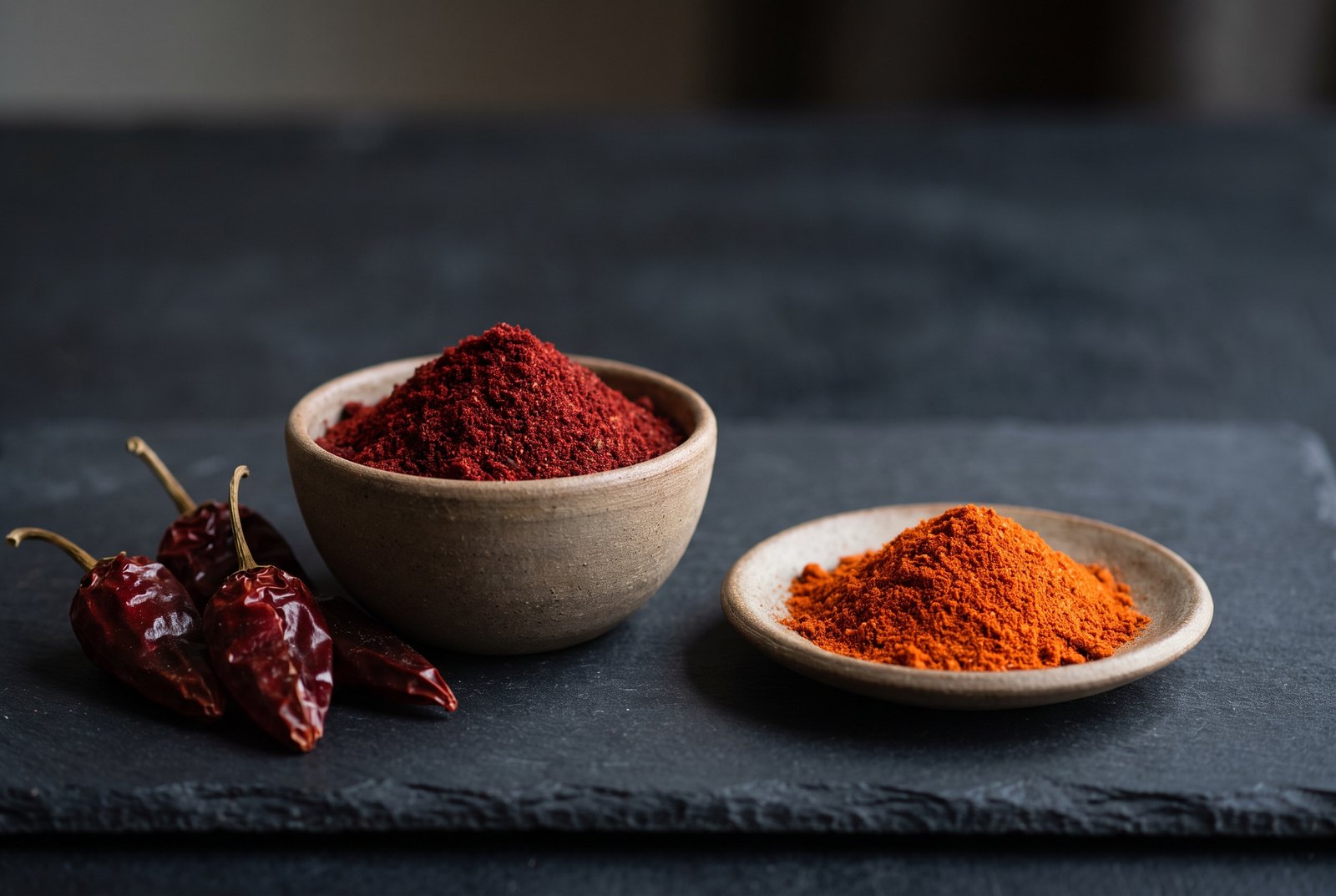 Deep red Kashmiri chilli powder in a small dish beside whole wrinkled dried red chillies and a dish of bright paprika on dark slate