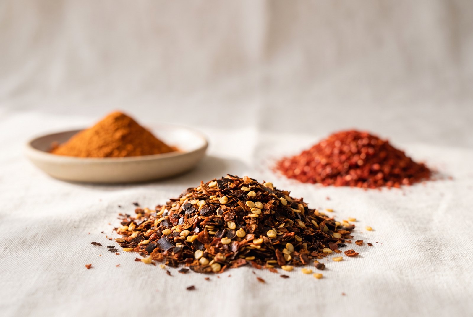 A low close-up across pale linen — a coarse heap of crushed red pepper flakes with pale yellow seeds sharp in the foreground, a small dish of fine orange-red ground cayenne and a heap of bright coarse gochugaru softly out of focus behind it