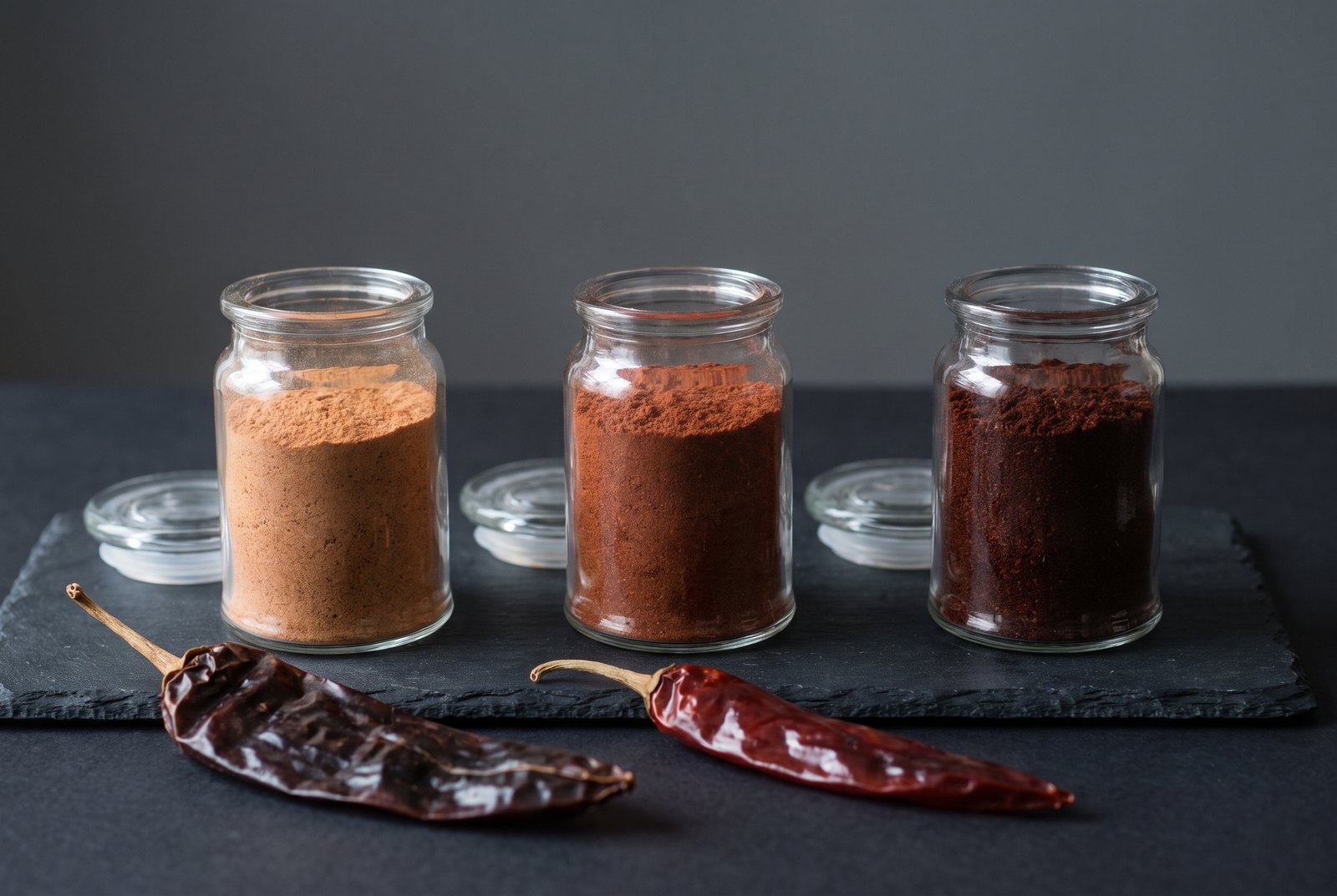 Three open jars of chili powder in different shades of red-brown beside whole dried ancho and guajillo chillies on dark slate