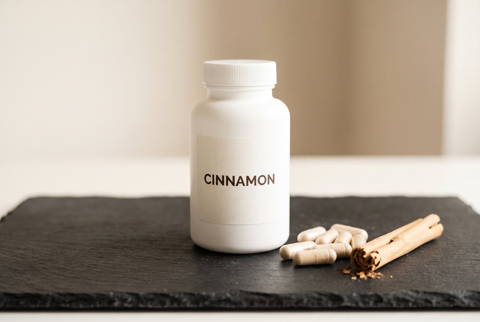 A matte white pharmacy bottle labelled CINNAMON beside loose pale capsules and a crumbling Ceylon cinnamon quill on dark charcoal slate