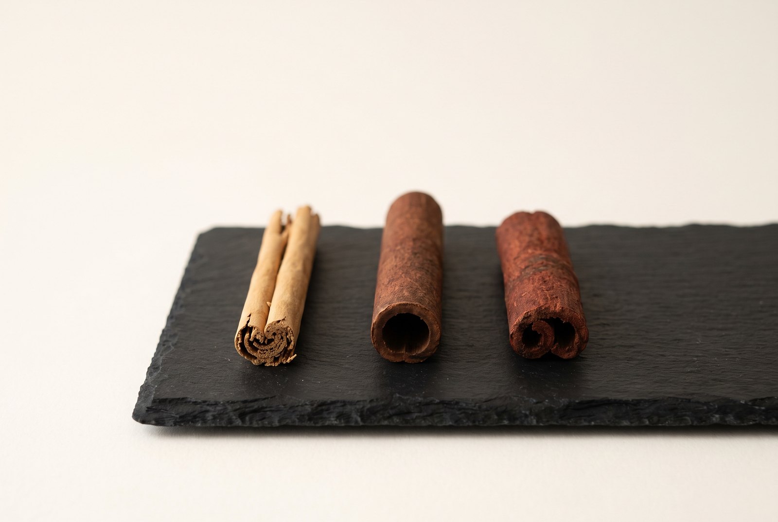 Three cinnamon sticks side by side on dark slate — a pale multi-layered Ceylon quill, a thick dark red cassia tube and a short rough Saigon stick