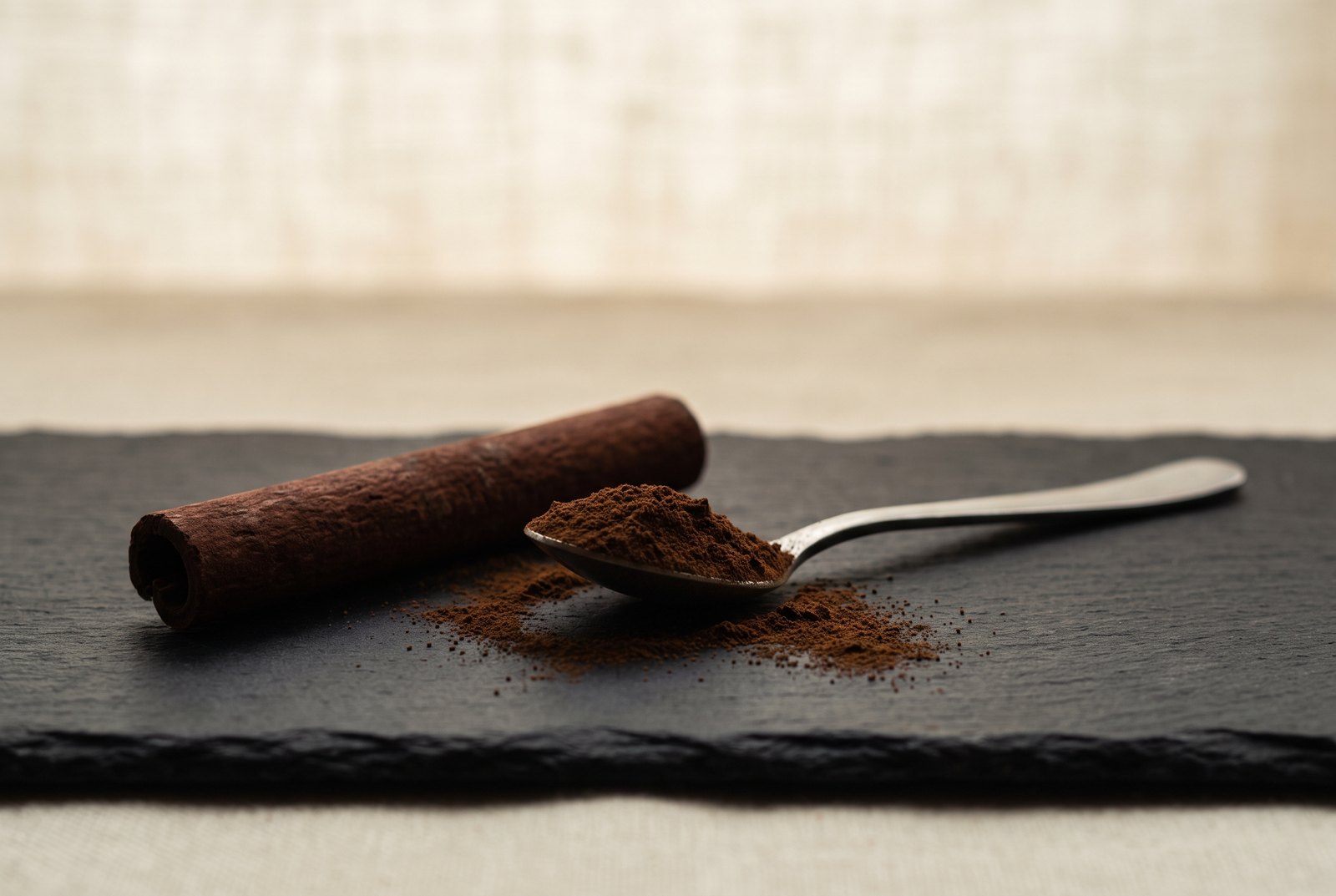 A thick dark cassia cinnamon stick and a heaped spoon of ground cinnamon on dark slate, lit low and sparsely