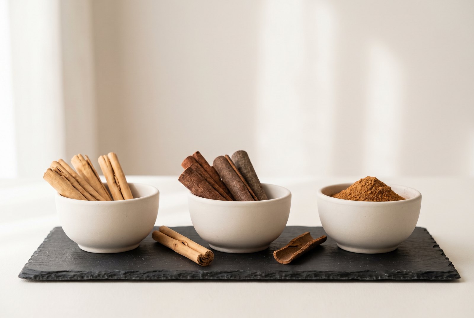 Pale Ceylon cinnamon quills, dark cassia tubes and a small heap of freshly ground cinnamon in separate dishes on dark slate