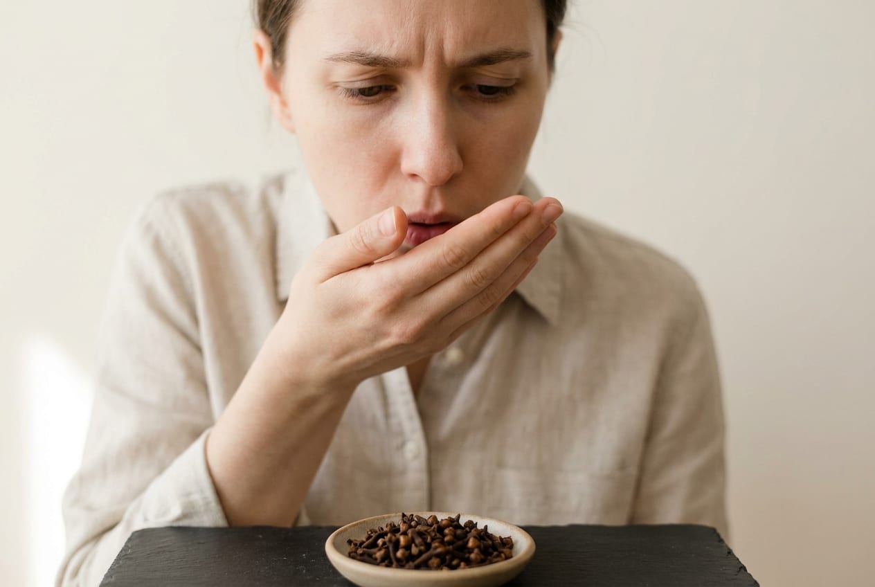 A woman breathing into her cupped hand to check her own breath, a small dish of whole cloves on the dark slate table in front of her