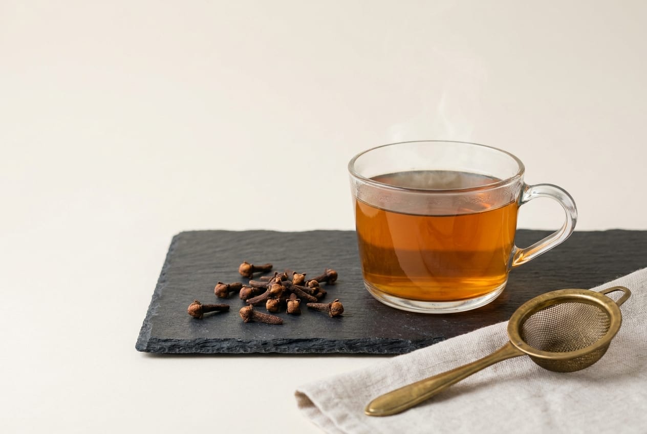 A clear glass cup of amber clove tea steaming on a dark slate board, whole cloves scattered beside it and a brass tea strainer on linen