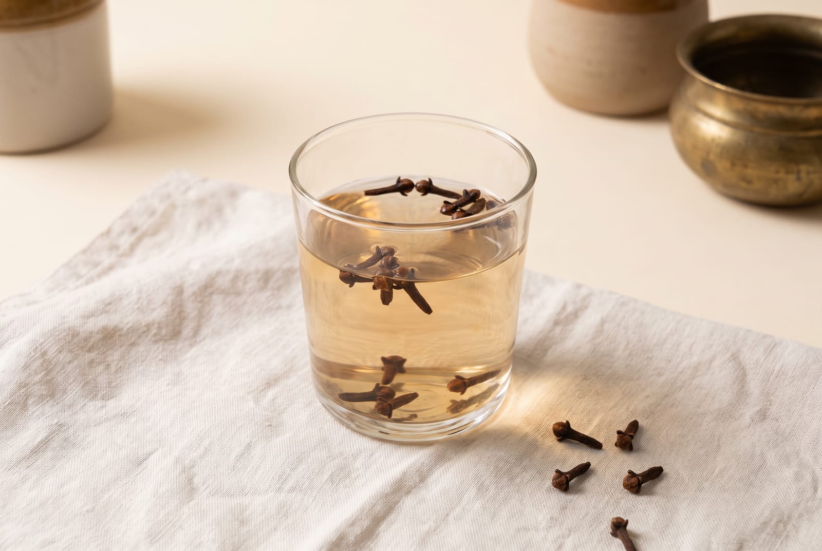Whole cloves steeping overnight in a clear glass of water on a pale linen cloth