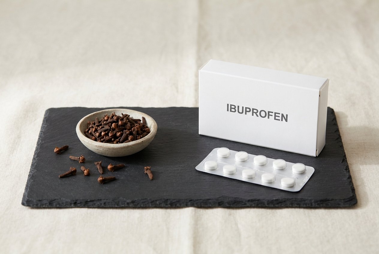 A dish of whole cloves on one side of a slate board and an IBUPROFEN carton with a blister pack of tablets on the other