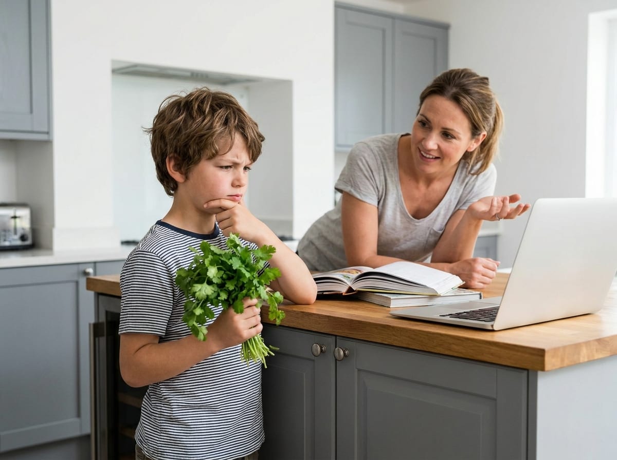A boy in a kitchen holding a bunch of cilantro away from him and pulling a face at it, while an adult beside him looks the question up on a laptop