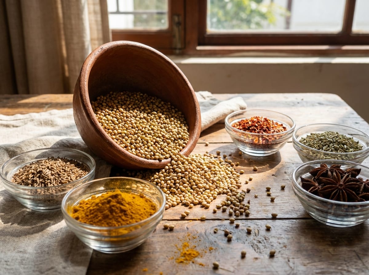 A tipped clay bowl spilling whole coriander seeds across a rustic wooden table, with small glass bowls of cumin seed, ground turmeric, chilli flakes, fennel seed and star anise set around it in window light