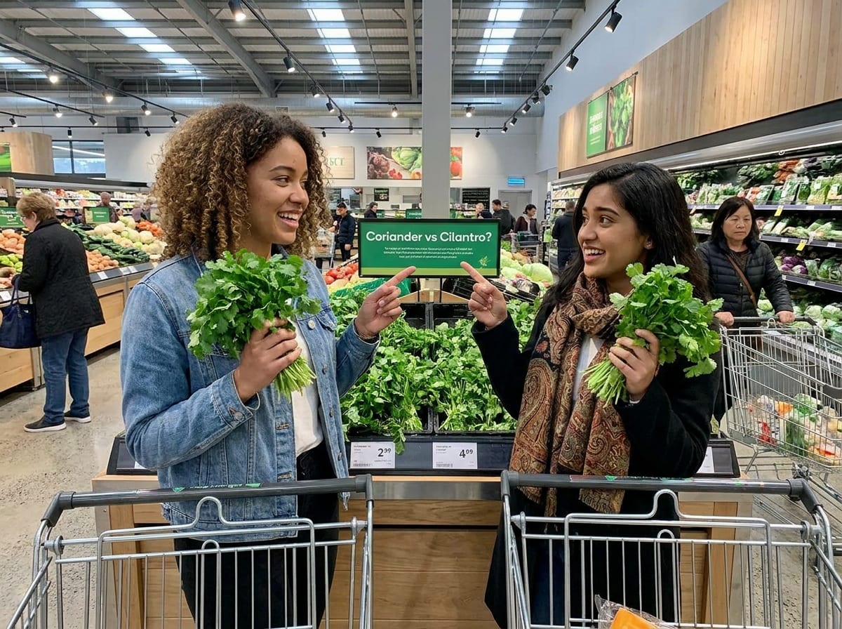 Two shoppers in a supermarket produce aisle, each holding a bunch of fresh green coriander and laughing as they point at the other bunch, beside a display sign reading Coriander vs Cilantro