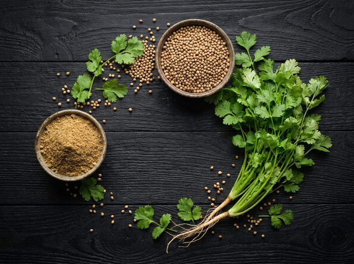 Whole coriander seeds and ground coriander powder in two small bowls on black wood, beside a bunch of fresh coriander with its pale root still attached, arranged in a loose circle