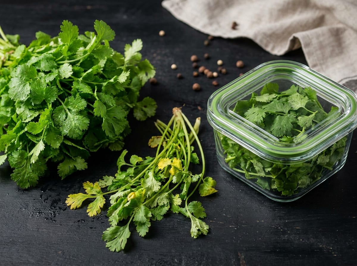 A fresh perky bunch of cilantro on a dark surface beside a yellowing wilted sprig and a sealed glass container of picked leaves