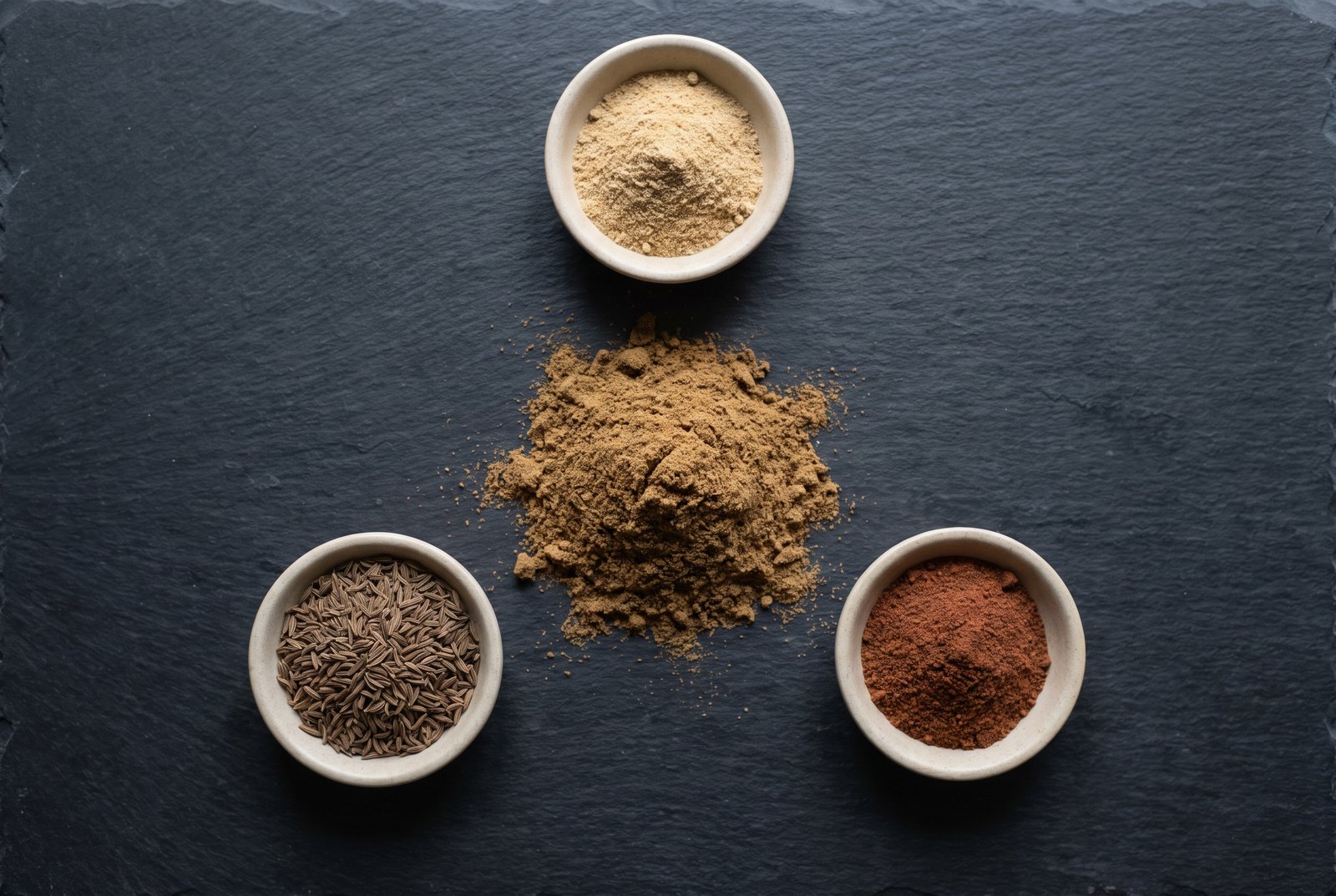 Four small heaps of ground spice in a row on dark slate — brown-grey cumin, pale tan coriander, dark caraway seeds and brick-red chili powder — beside a plain metal spoon