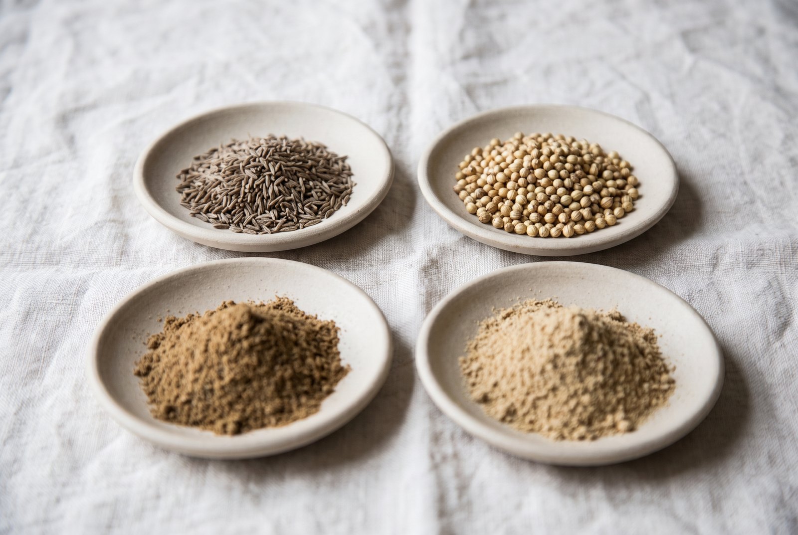Cumin and coriander seeds with their ground powders in a 2x2 square of small dishes on a pale wooden board, shot from a high three-quarter angle — elongated ridged brown-grey seeds beside round pale tan ones