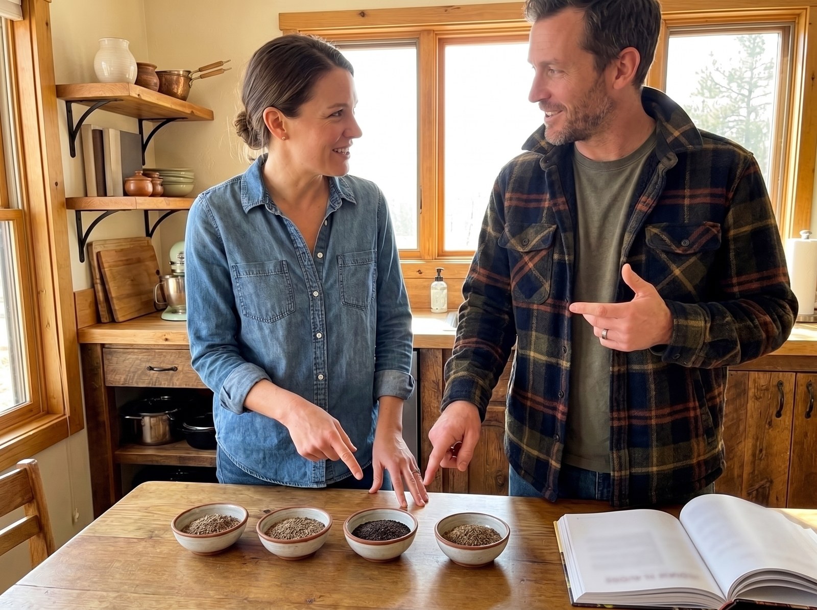 Two cooks in a warm timber kitchen leaning over a wooden table, pointing at four small unlabelled bowls of similar-looking seeds set out in a row — nothing on the table says which seed is which