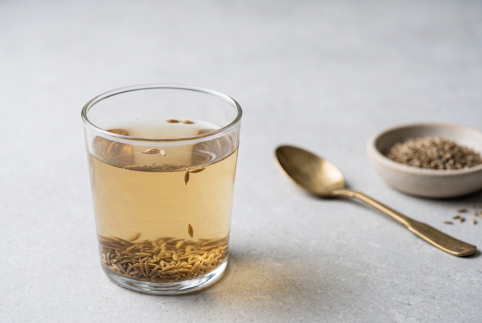 A clear glass of cumin water shot side-on at eye level on a grey stone surface, whole seeds settled at the bottom and a few floating, with a small brass spoon resting behind it