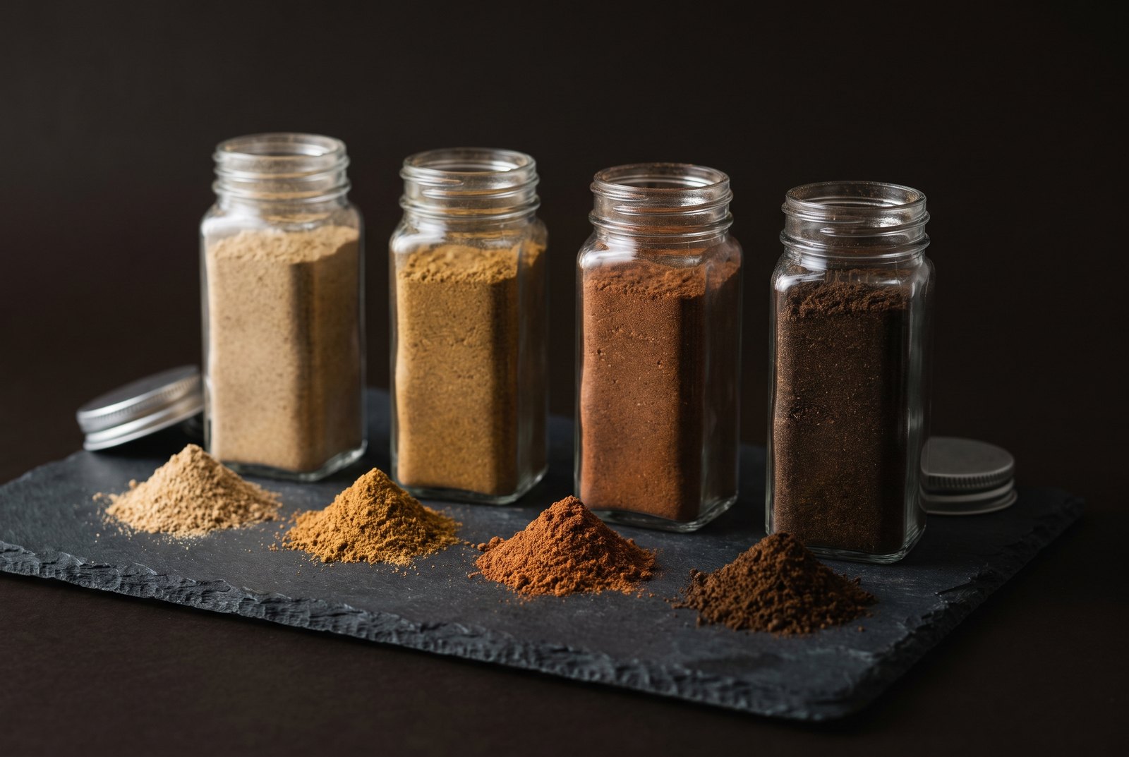 Four unlabelled spice jars of garam masala on dark charcoal slate photographed side by side, their powders visibly different in colour from pale tan through to near black, with a small pile tipped out in front of each