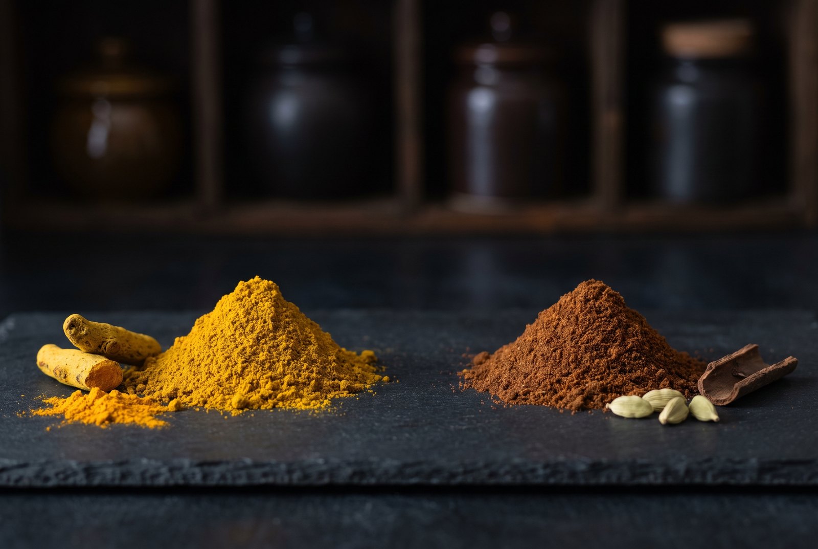 Two heaps of ground spice side by side on dark charcoal slate — bright yellow curry powder on the left, dark reddish-brown garam masala on the right — with two pieces of dried turmeric root beside the yellow heap and green cardamom pods beside the brown