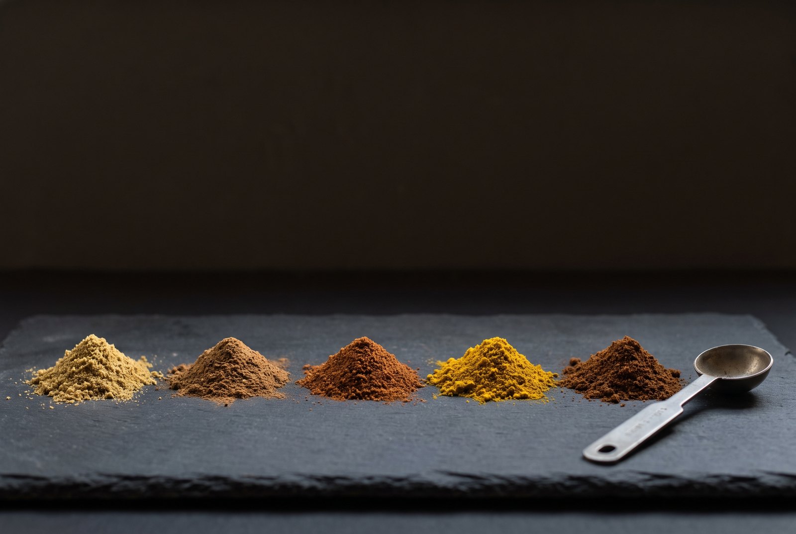 Five small heaps in a row on dark charcoal slate — ground cumin, ground allspice, reddish-brown baharat, yellow curry powder and dark garam masala — with a plain metal quarter-teaspoon measure resting beside them