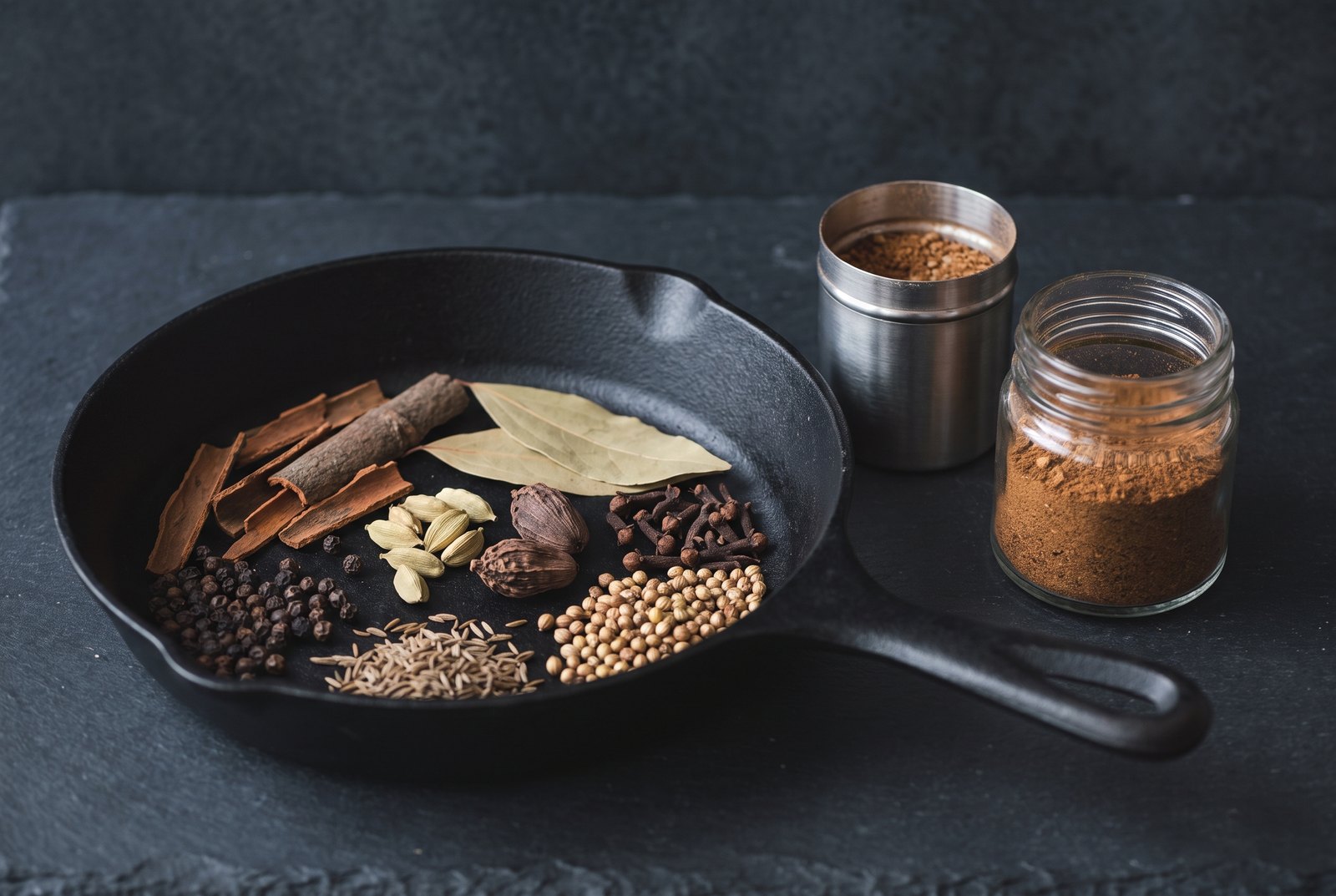 Whole spices toasting in a dry cast-iron pan on dark charcoal slate — cinnamon bark, green and black cardamom, cloves, peppercorns, cumin and coriander seed and bay leaves — with a filled spice grinder and a small jar of finished ground blend beside it