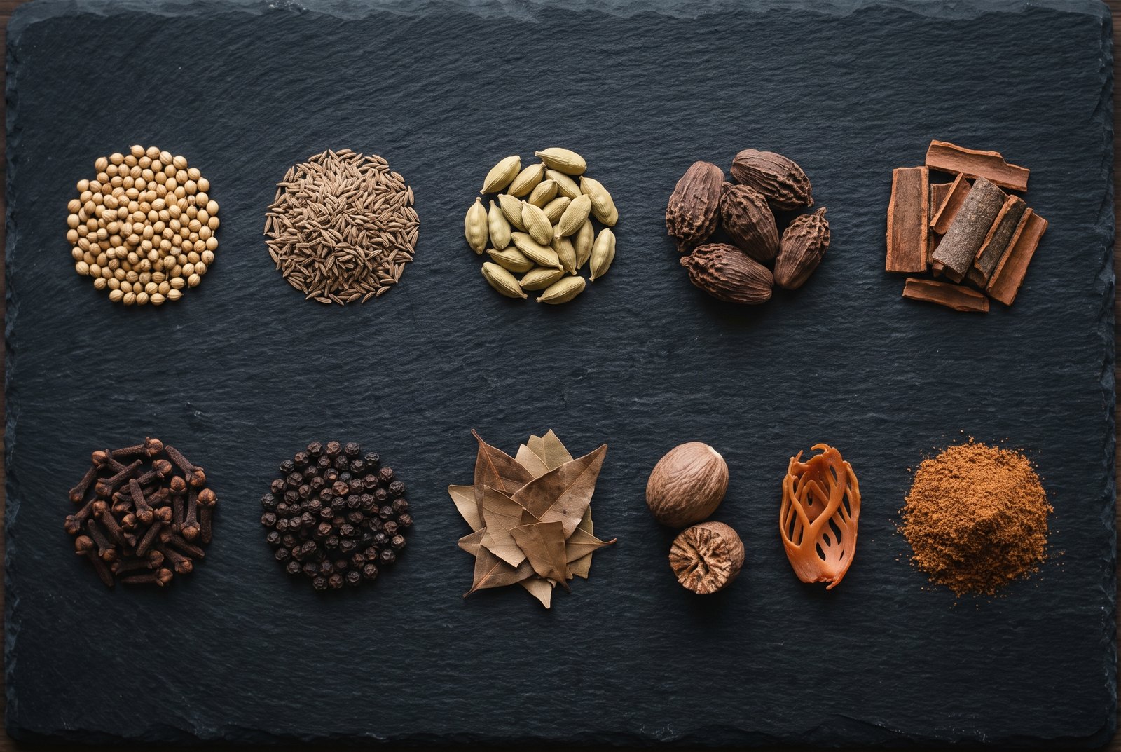 Ten whole spices laid out in ten small matched heaps in two rows on dark charcoal slate — coriander seed, cumin seed, green cardamom, black cardamom, cinnamon bark, cloves, black peppercorns, bay leaves, nutmeg and a blade of mace — with a small heap of the ground blend at the end of the row