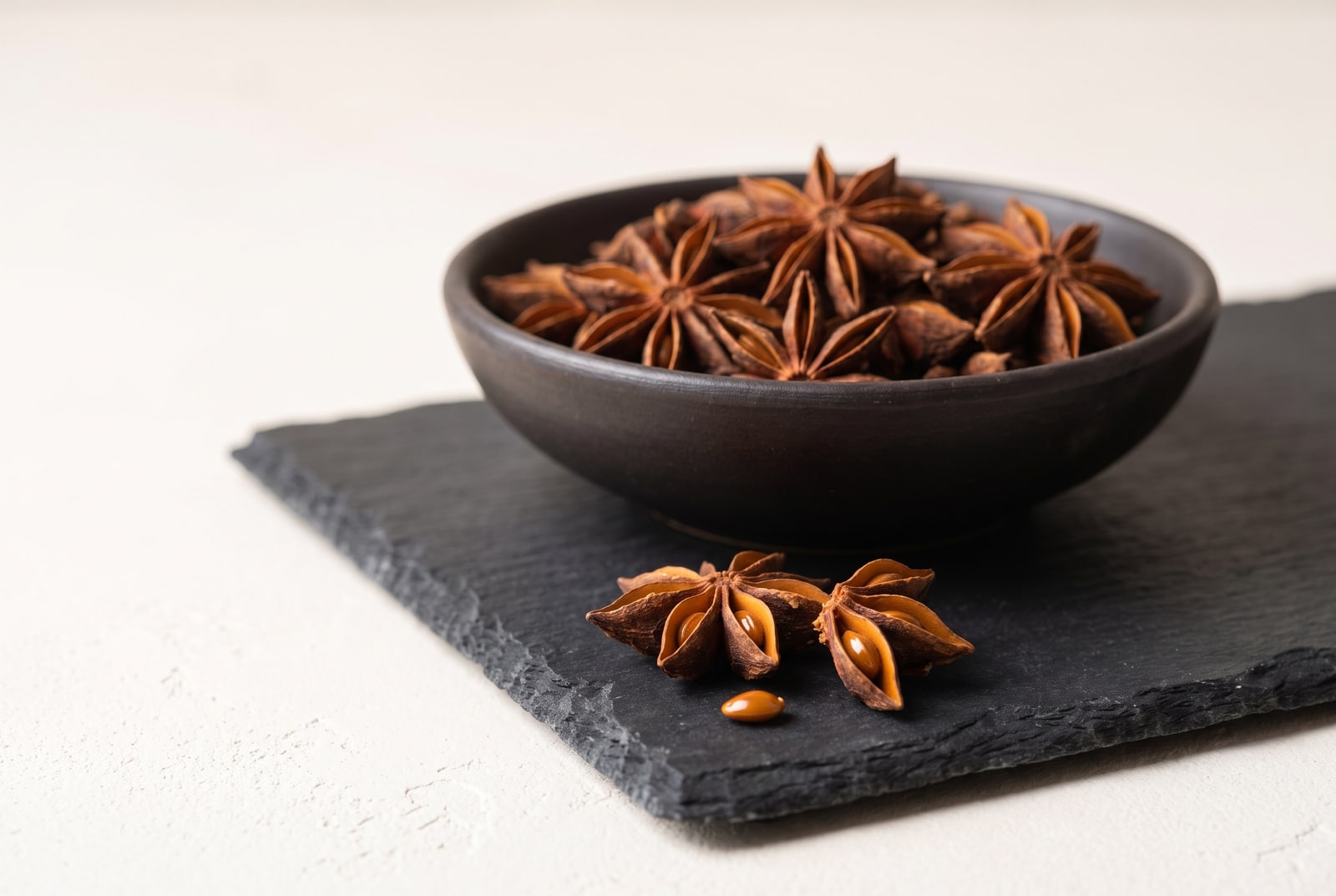 Whole eight-pointed star anise pods in a shallow ceramic bowl on dark slate, with two broken pods showing the glossy seeds inside and a cinnamon stick alongside